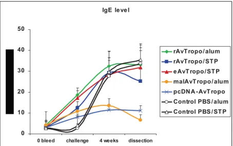 Figure 12. Levels of IgE antibodies as measured with RBL assay in selected groups of experimental jirds within the period of  vaccination trials