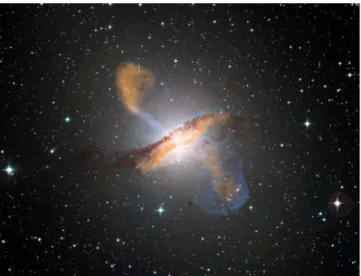 Figure 3.1 — Composite Image of the Active Galaxy Centaurus A. Sub- Sub-millimetre data (λ = 870 µm) are shown in orange, X-ray data in blue.