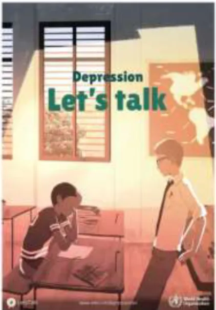 Slika 2: Del kampanje SZO z naslovom »Govorimo o depresiji!« so tudi letaki, ki prikazujejo  različne kontekste, v katerih želijo spodbuditi več pogovorov med bližnjimi, sodelavci in s  pomagajočimi