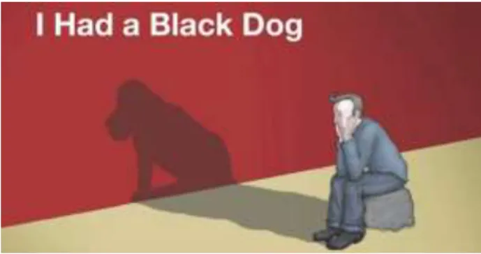 Slika 3:  Imel sem črnega psa (I Had a Black Dog, 2005) je odlična slikanica in animirani film  Matthewa Johnstona, ki je na voljo na spletni strani SZO za preventivno, izobraževalno in  terapevtsko delo z depresirajočimi ljudmi