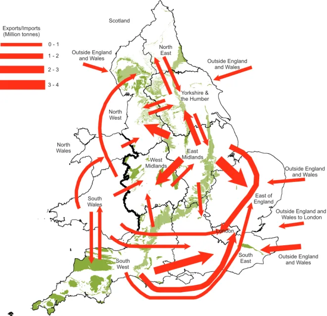 Figure 2: Crushed rock inter-regional flows (Mankelow et al., 2011) superimposed upon the distribution of  crushed rock aggregate resources in England