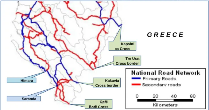 Figure 5: South Albania Primary and secondary road networks, including planned roads. 