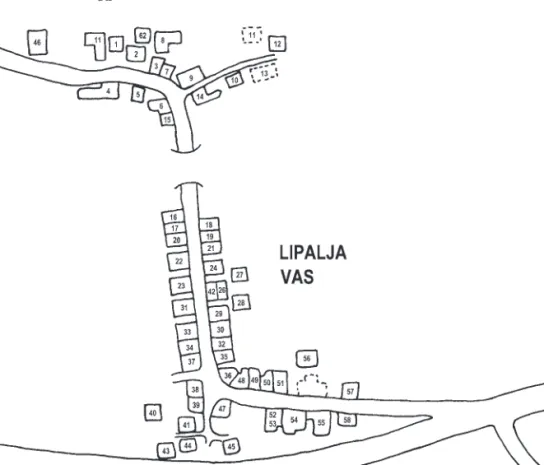 Slika 6: Zemljevid Lipalje vasi s starimi hišnimi številkami, ki imajo slovenska hišna imena