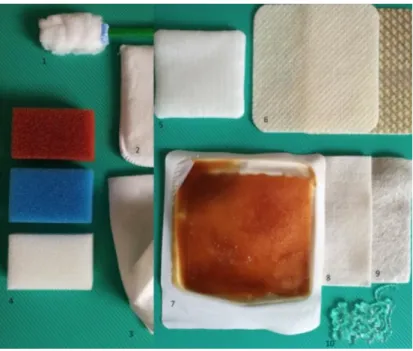 Figure 4 Among the wound cleaning techniques used in out-patients we distinguish: 1-2- monofilament  cloths 3-4-sterile sponges 5-6-dressings made of poly-absorbent fiber 7-9-alginate dressings 10- collagenase  ointment 