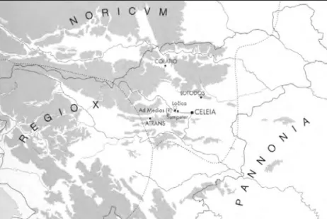 Slika 2: Meje rimskih provinc na območju današnje Slovenije, znotraj province  Norik je označen celejski ager, pod katerega je upravno spadala Kolaciona (vir: 