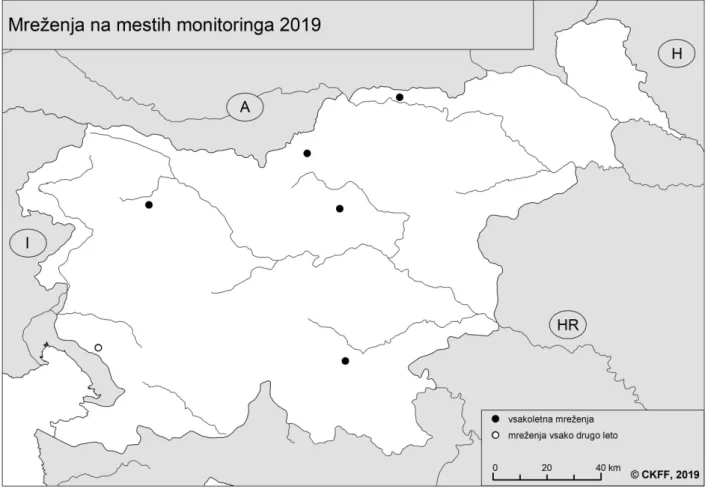 Slika 3: Mesta monitoringa netopirjev z metodo mreženja (julij–september 2019). 