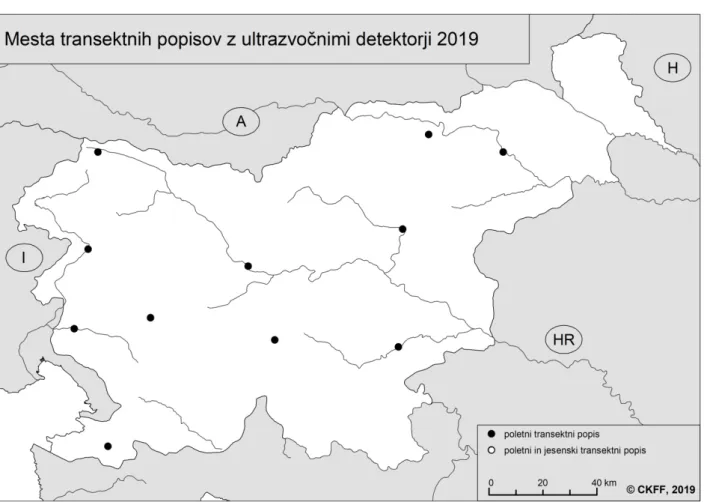 Slika 4: Mesta transektnih popisov z ultrazvočnimi detektorji za monitoring netopirjev v letu 2019