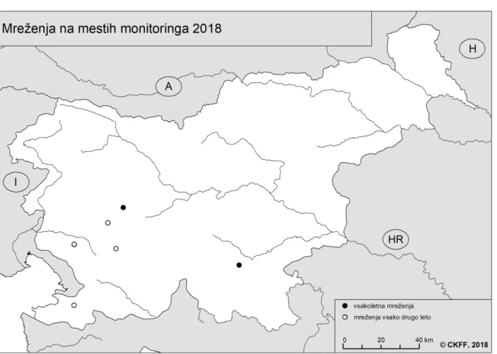 Slika 2: Mesta monitoringa netopirjev z metodo mreženja poleti 2018. 