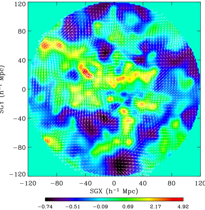 Figure 10. DTFE density and velocity fields projected along the z − supergalactic plane in a thin slice.