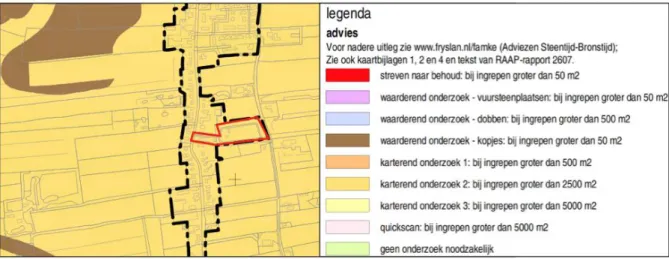 Figuur 5.3  Archeologische verwachtings- en advieskaart voor de periode Steentijd-Bronstijd (Bron: Gemeente Weststellingwerf)  