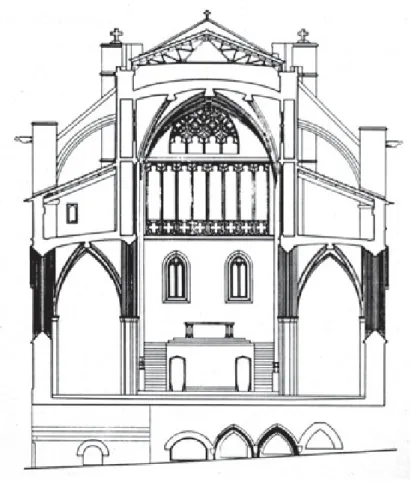 Fig. 9: San Salvador de Getaria, sección transversal por la Catrapona y hacia el  presbiterio
