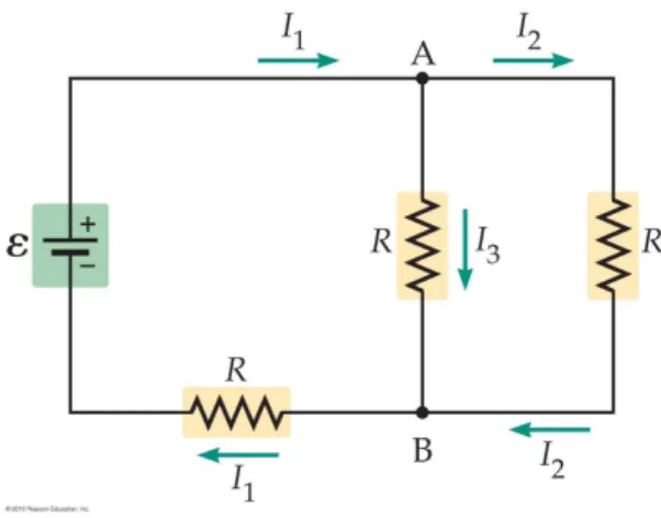 Figuur 2.1: Een eenvoudig elektrisch netwerk dat m.b.v. de wetten van Kirchhoff kan uitgerekend worden
