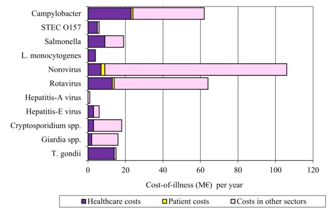 Figure 4 Mean cost-of-illness (discounted) per year of food-related pathogens in  2019, split up into healthcare costs, patient costs and costs in other sectors