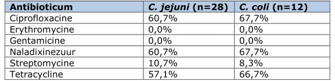 Tabel 2 Prevalentie van de onderzochte pathogenen in vleeskuikens op  monsterniveau  Aantal  monsters  Aantal  positief  Prevalentie (%)  95% BI *** Campylobacter  1099  249  22,7  20,2-25,3  ESBL-producerende E