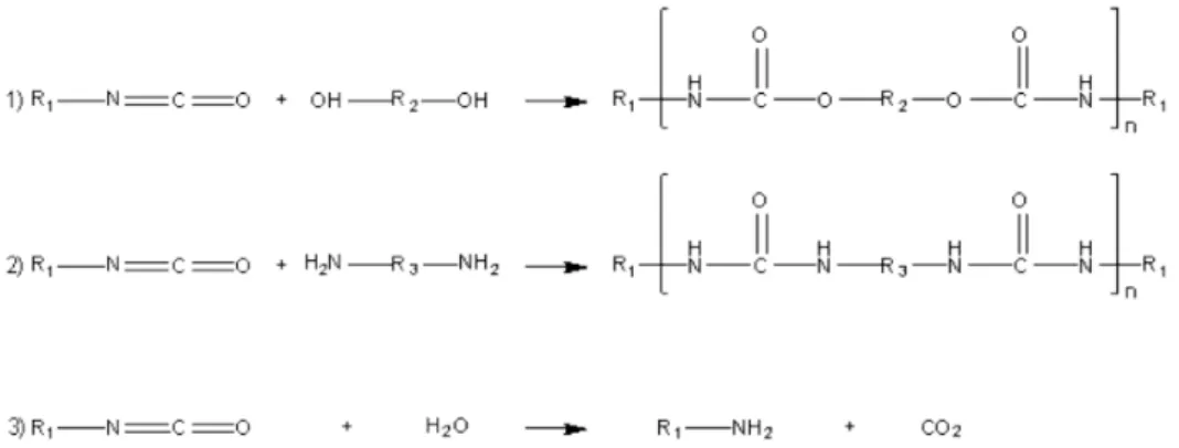Figuur 1. Reactie van een stof met een isocyanaat (N=C=O) groep met een  polyol (stof met vele OH-groepen) om een polyurethaan te vormen (1), met een  polyamine (stof met veel NH 2 -groepen) om een polyureum te vormen (2), en  een hydrolyse reactie met wat