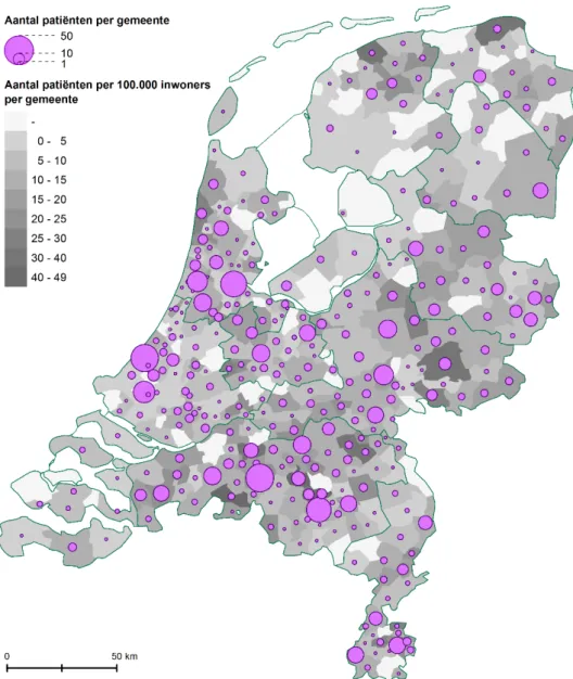 Figuur 3: Geografisch overzicht van het aantal geïncludeerde patiënten 2013 –  2018 en de incidentie (aantal legionellosepatiënten per 100.000 inwoners) per  gemeente