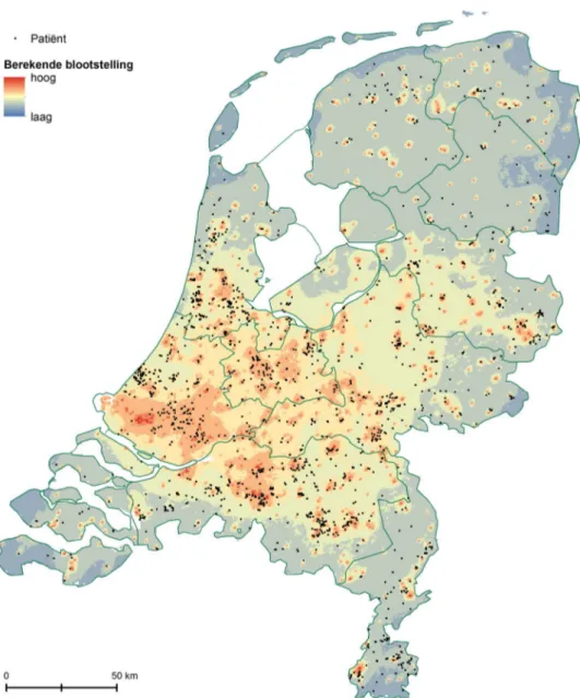Figuur 5: Berekende concentraties aerosolen waaraan patiënten blootgesteld  worden, afkomstig uit AWZI’s in Nederland gemiddeld over 2013-2018