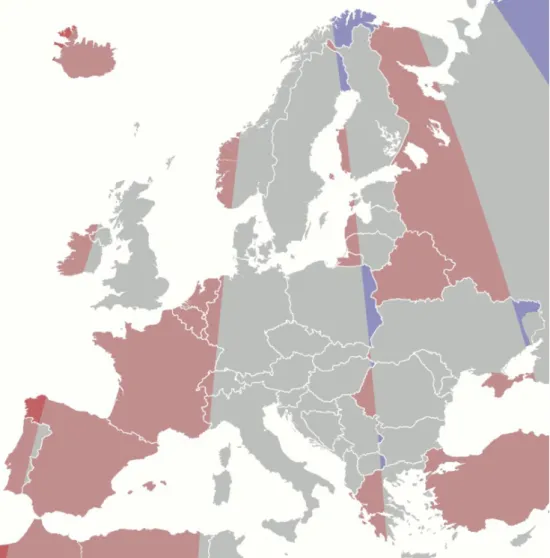 Figure 1. Geographical time zones in Europe and differences with current time  settings during the winter (standard time) 14 