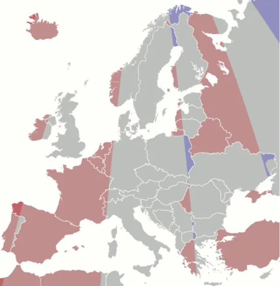 Figuur 3. Geografische tijdzones in Europa en de verschillen met de huidige  tijdinstellingen gedurende de winter (standaardtijd) 14 