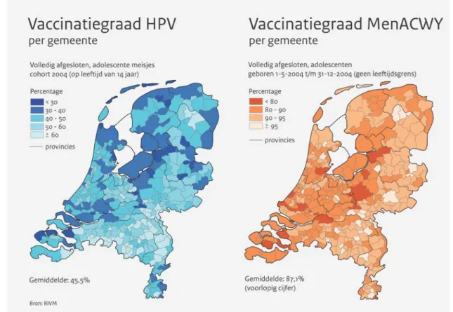 Figuur 5 Vaccinatiegraad HPV per gemeente voor adolescente meisjes (cohort 2004)  en voorlopige vaccinatiegraad voor MenACWY voor adolescenten geboren van  1-5-2004 t/m 31-12-1-5-2004 