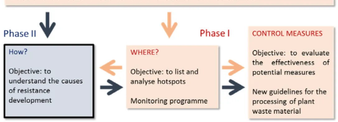 Figure 1. Overview of how the research carried out in phases I and II is  connected and provides scientific substantiation for a perspective for action to  prevent the further emergence and spread of azole-resistance in Aspergillus  fumigatus