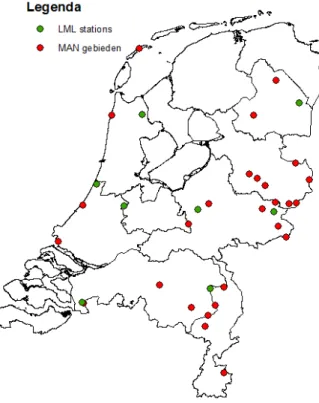 Figuur 5. Locatie van de 8 LML stations en de 27 MAN gebieden die zijn gebruikt  in deze studie