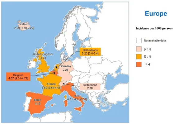 Figure 3.2 Overall annual herpes zoster incidence rates in Europe per 1000  person-years [36] 