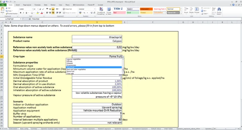 Figure A 1: Screenshot of the EFSA OPEX model, depicting the data entry sheet for simultaneous exposure calculation for Operators,  Workers, Residents and Bystander