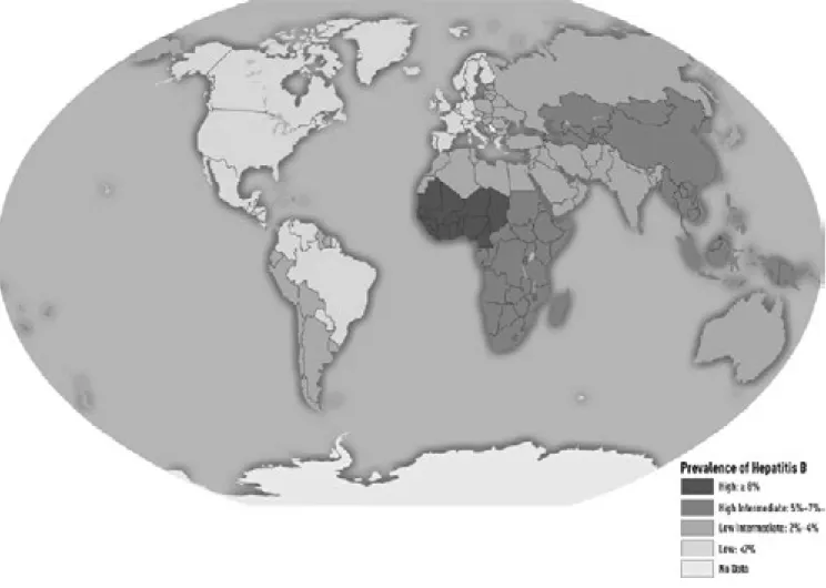 Figuur 1. Laag-, midden- en hoog-endemische gebieden voor hepatitis B. (Bron: WHO)