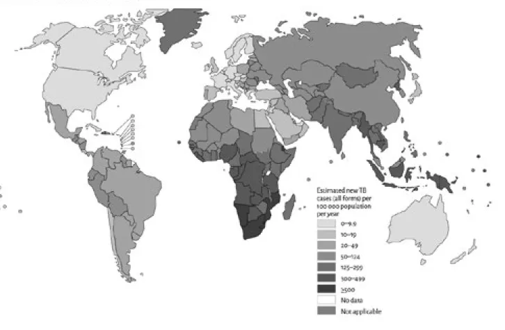 Figuur 3. Voorkomen van tuberculose wereldwijd (Bron: WHO (15))