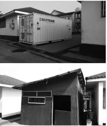 Foto 3 De derde labcontainer op zijn plek met en zonder ombouw in Freetown, Sierra  Leone (Bron: teams Freetown)