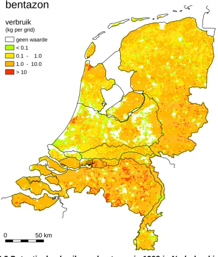 Figuur B3.2 Potentieel gebruik van bentazon in 1998 in Nederland in kg per km 2 (grid)