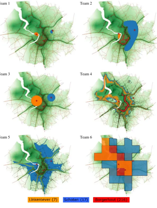 Figure 2. Examples of six different estimates obtained for the spatial representativeness areas for the pollutant NO 2  at  the urban-background stations Linkeroever (orange) and Schoten (blue), and at the traffic station Borgerhout (red)