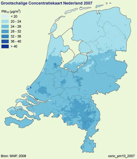 Figuur 2.6 PM 10 -achtergrondconcentraties in Nederland in 2007. Bron: Velders et al., 2008