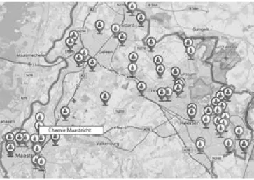 Figuur 6 GIS-kaart van van Legionella-besmettingen (in zwart) en  locaties van koeltorens (grijs), periode 2014 t/m april 2016, GGD  Zuid-Limburg