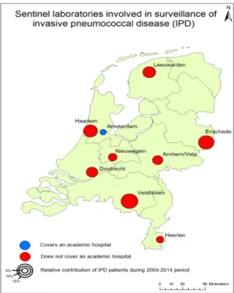 Figuur 1 Negen sentinel-laboratoria die betrokken zijn bij surveillance van  invasieve pneumokokkenziekte in Nederland 
