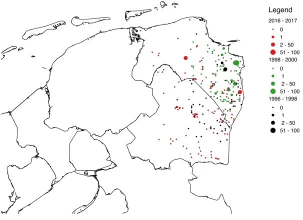 Figuur 1. Overzicht van locaties waar vossen zijn geschoten tijdens de drie  verschillende studies die hebben plaatsgevonden in Noordoost-Nederland