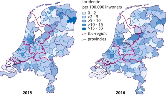 Figuur 9 Incidentie van tuberculose per 100.000 inwoners naar tweecijferig postcodegebied  op basis van de woonplaats van de patiënt, 2015-2016