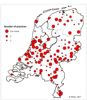 Figure 4.1: Geographical distribution of general practices  contributing to the NIVEL Primary Care Database, 2016