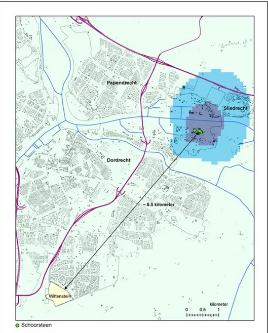 Figuur 3 Overzichtskaartje van het onderzoeksgebied rond DuPont in Dordrecht  en het controlegebied