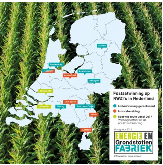 Figuur 2: fosfaatwinning op RWZI’s in Nederland gerealiseerd of in voorbereiding  (EFGF, 2015) 