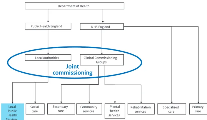 Figuur 3.1: Schematische weergave van de verantwoordelijke opdrachtgevers op het terrein van gezondheidszorg, preventie en welzijnszorg in Engeland  (NHS England, 2014; bewerkt door het RIVM)