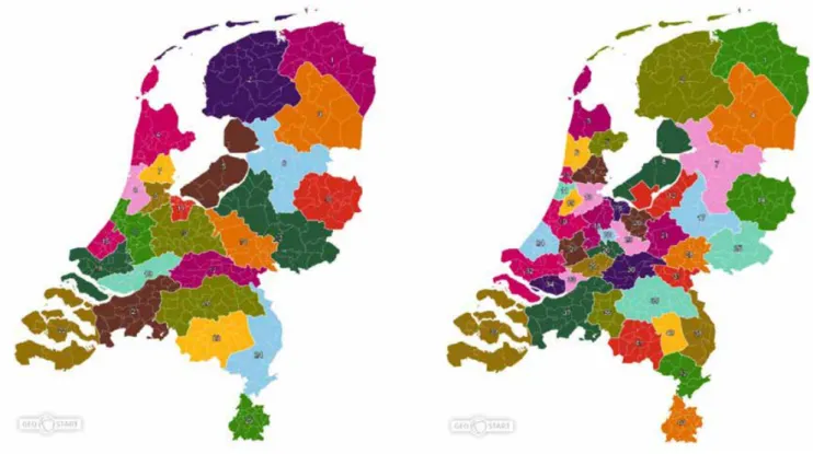 Figuur 6.1: Overzicht van regio-indelingen in Nederland, uitgesplitst naar wettelijk kader (links: Wpg – GGD-regio’s, rechts: Wmo-regio’s)