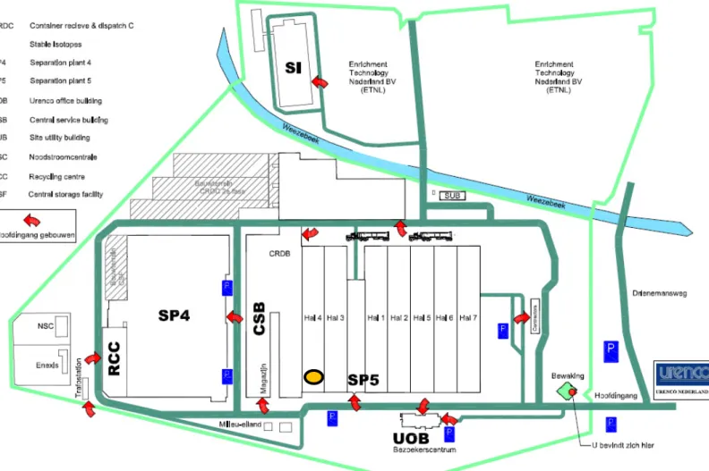 Figuur 2 Plattegrond van de verrijkingshallen van Urenco. Het incident heeft  plaatsgevonden onderaan hal 4 van SP5; informatie van  Urenco