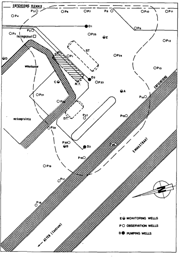 FIGURE 1.  Map of the selected site at Asten [N-Br.]. The dotted line  gives the contour of the horizontal spreading of the 