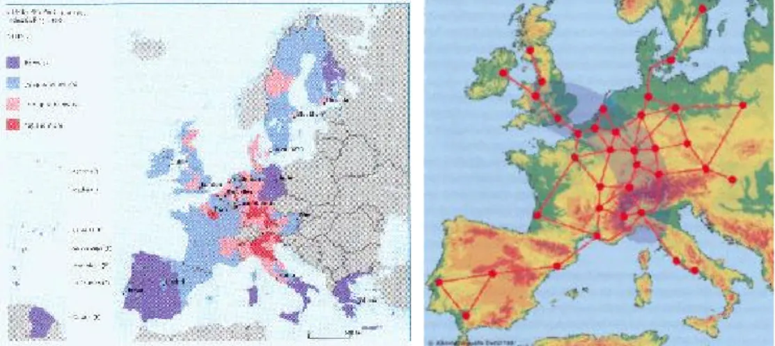 Figure  4.6 Distribution of GDP per capita of regions in the European Union (a) and the European urban network and its central area of global importance (b) (VROM, 1999)