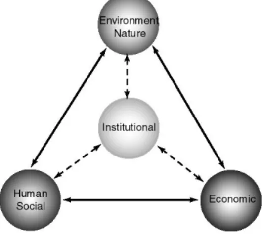 Figure 1.1 Characterisation of sustainable development:  the interaction between economic, environmental, human and institutional domains