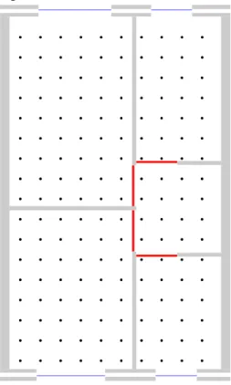 Figuur 3 Begane grond en eerste verdieping van variant 1 van de referentiewoning. De grijze vlakken en lijnen zijn de muren, de zwarte dikke lijnsegmenten de deuren, de dunnere zwarte segmenten de ramen