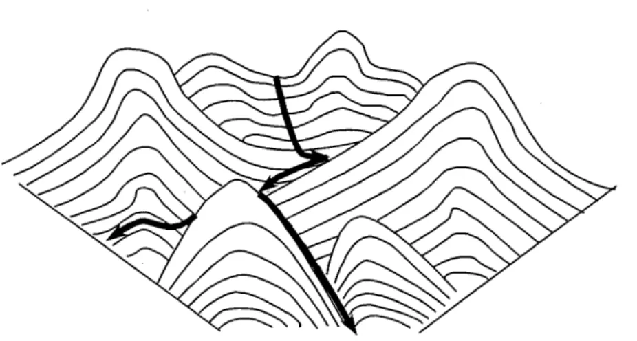 Figuur 2 Technologisch traject in een landschap van veranderlijke heuvels en dalen die de drijvende krachten representeren