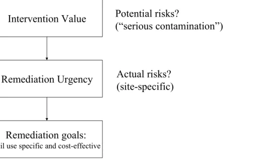 Figure 1.1 Position and significance of the Intervention Value in the management of contaminated soil and subsequent steps for deciding on remediation.